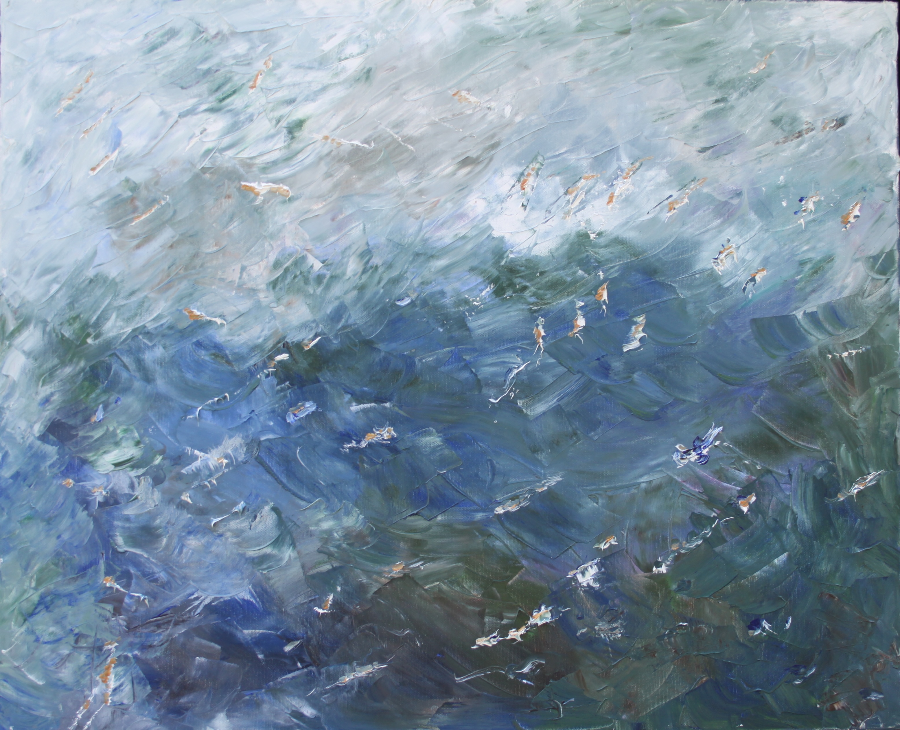 Abstract painting in shades of blue with touches of orange.