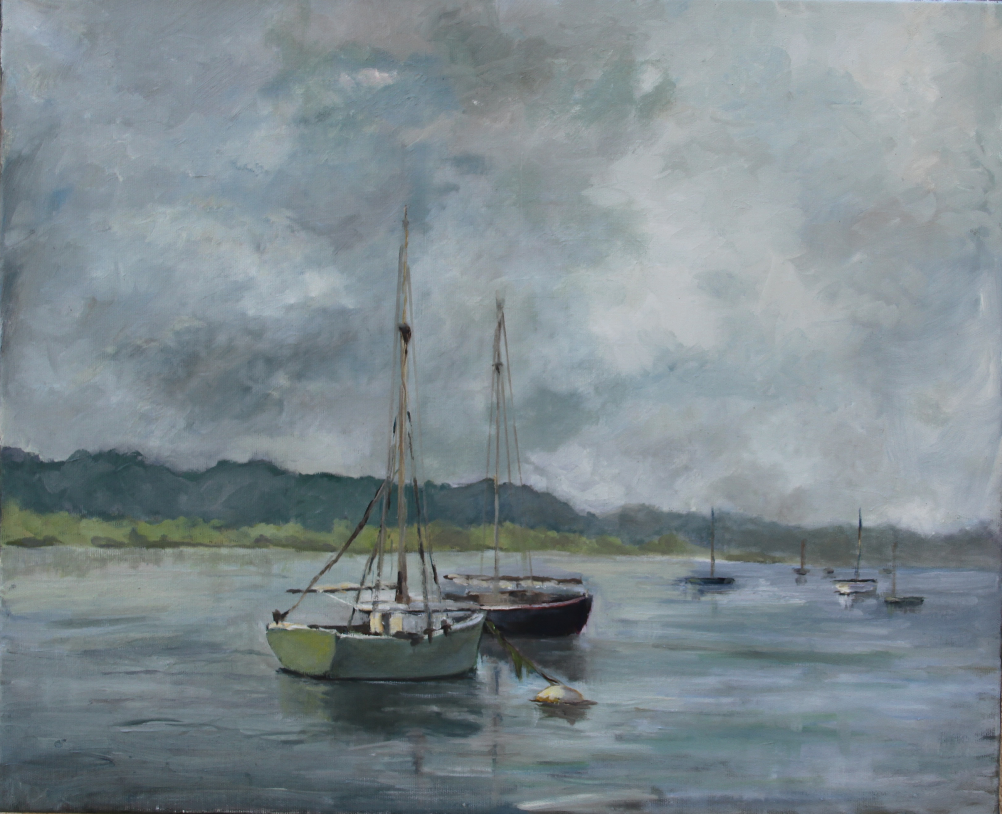 Painting of a small sailboat moored in Brittany under cloudy skies.