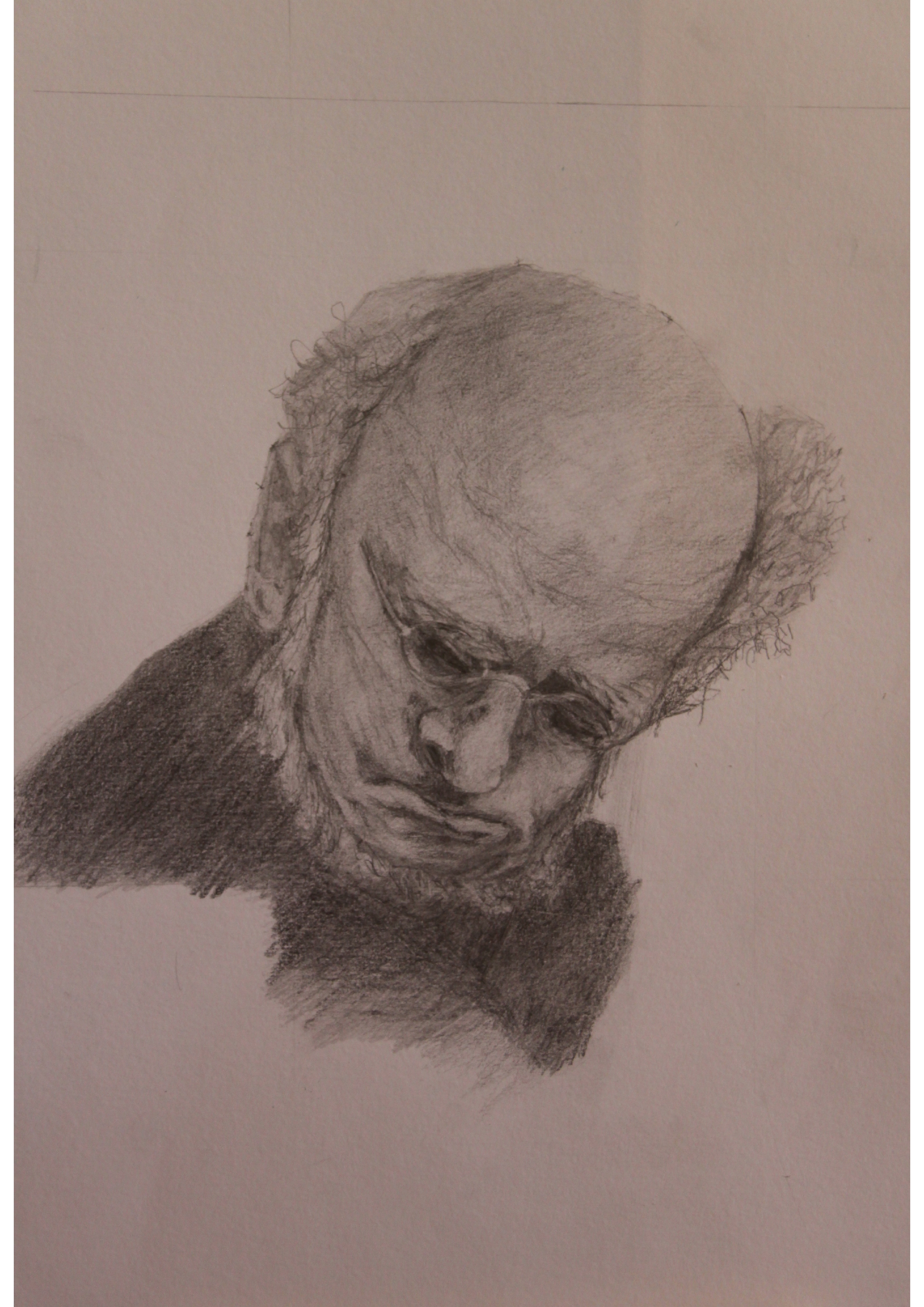 Hand-drawn sketch of a man wearing small glasses.