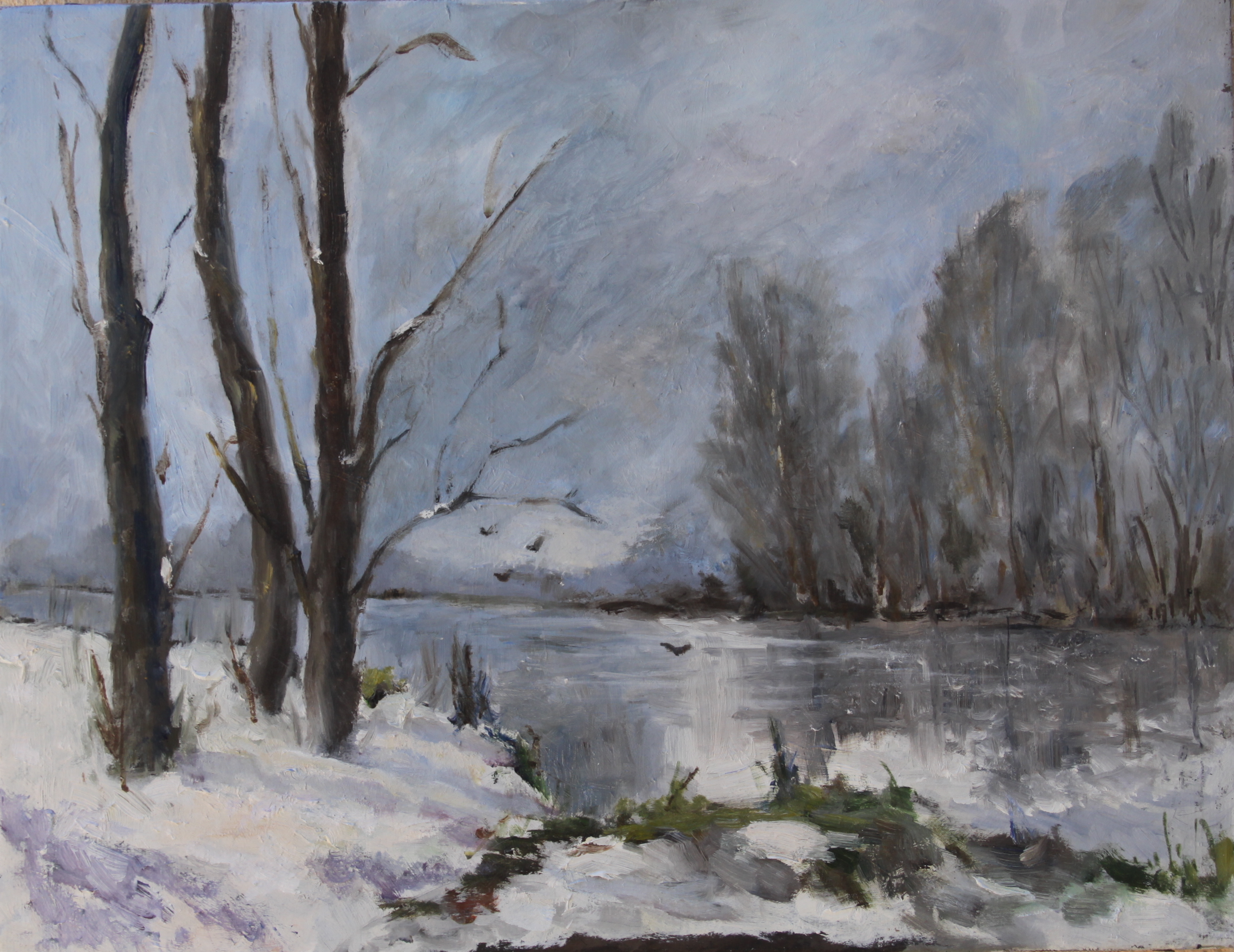 Painting of a snow-covered lakeshore in winter