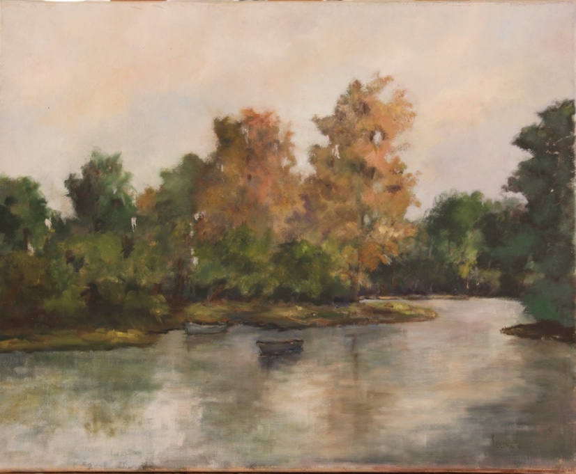Painting of an autumn landscape along a river with a small boat.