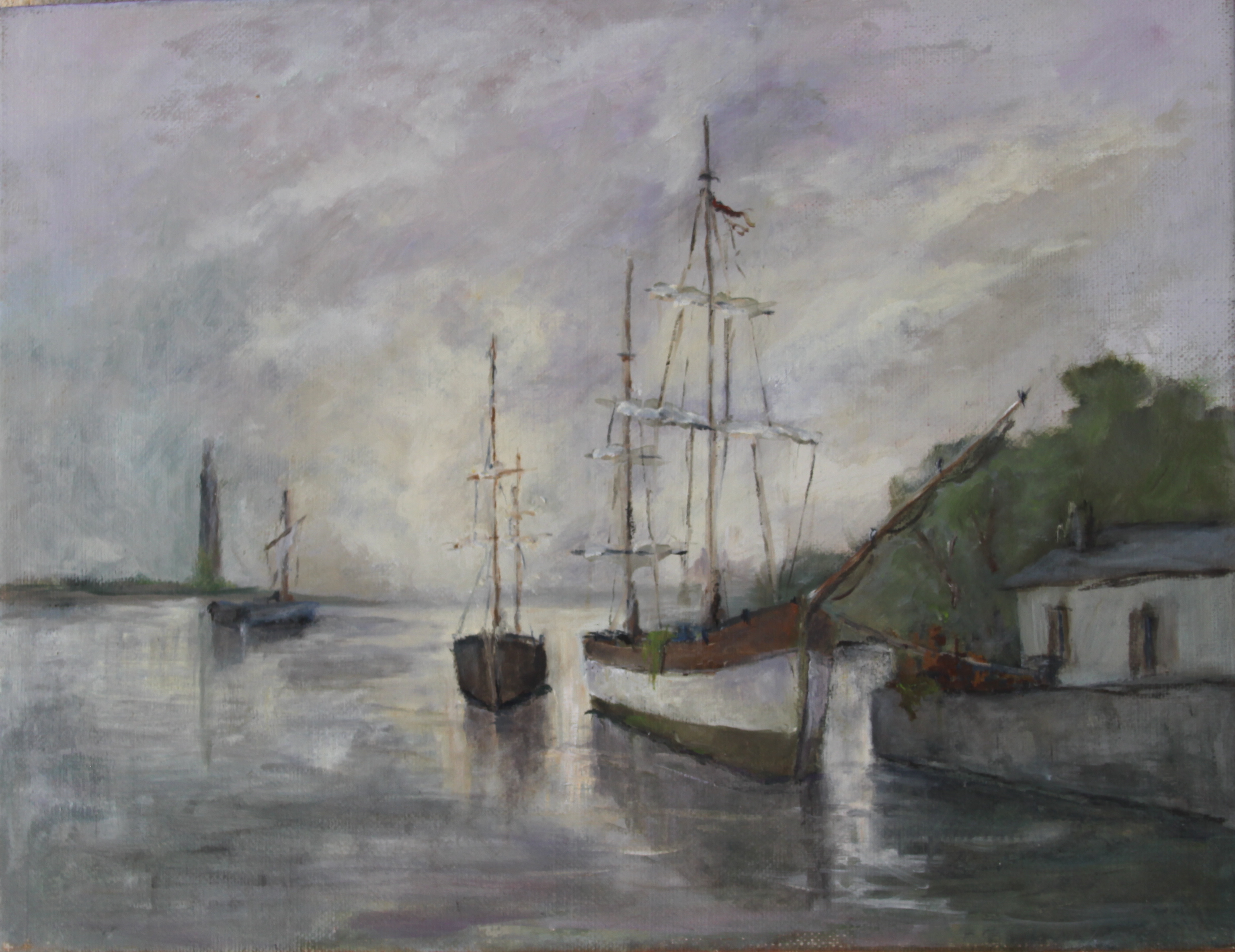 Painting of a sailboat alongside a small harbor.