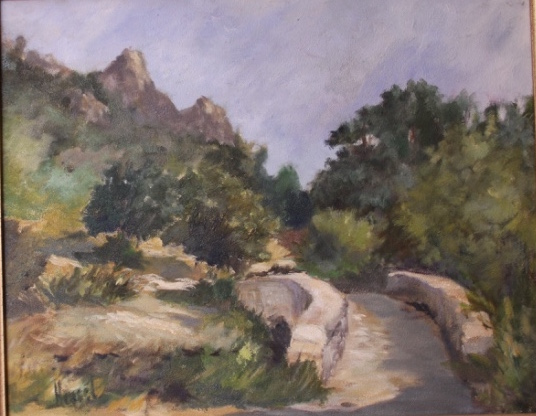 Painting of a Provençal landscape with a stone bridge