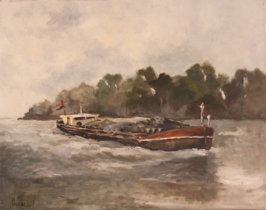 Painting of a barge sailing on the Rhine River.