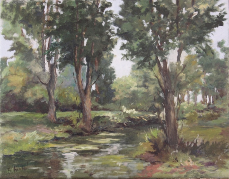 Painting of a lush green forest undergrowth