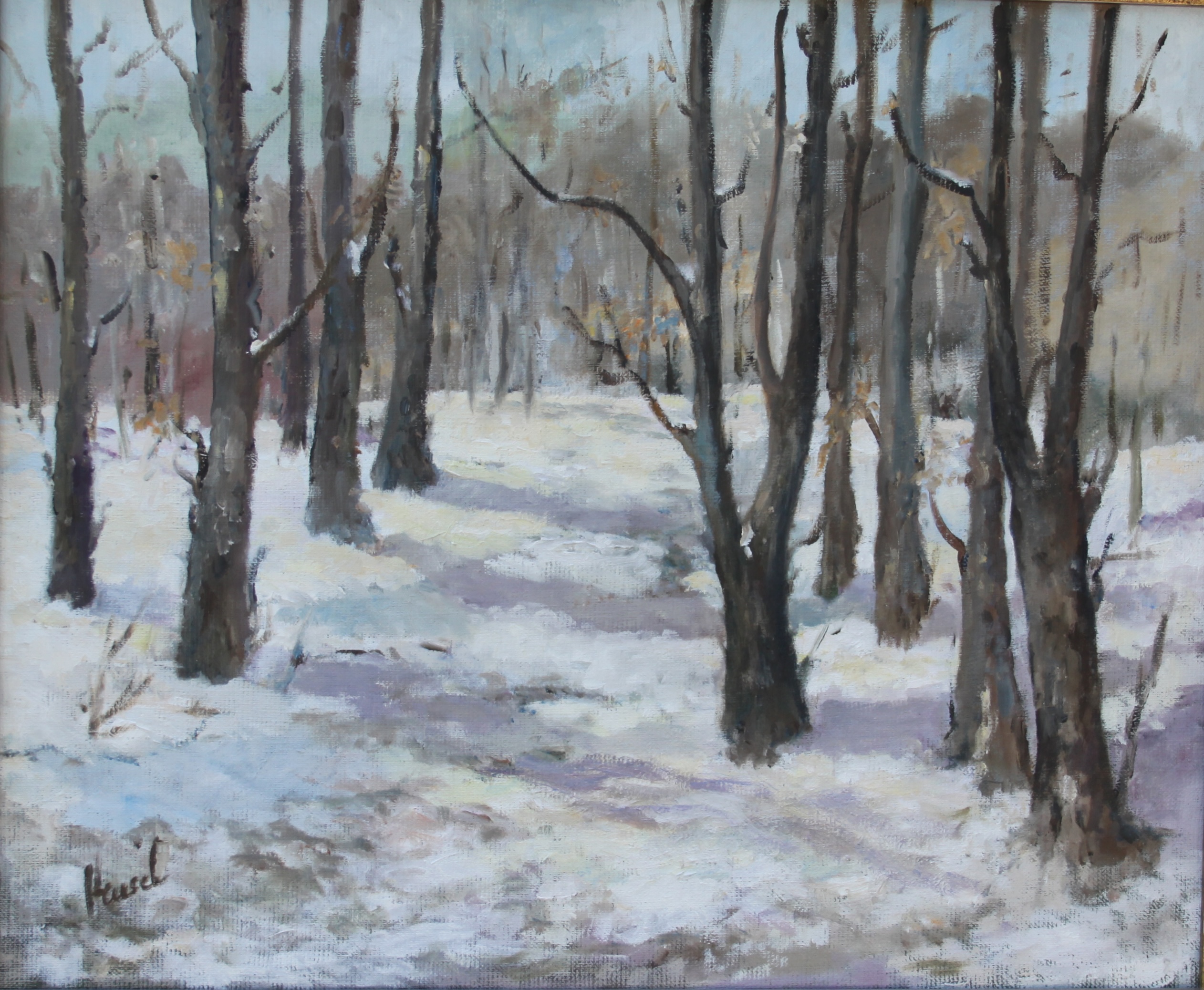 Painting of a snowy woodland scene
