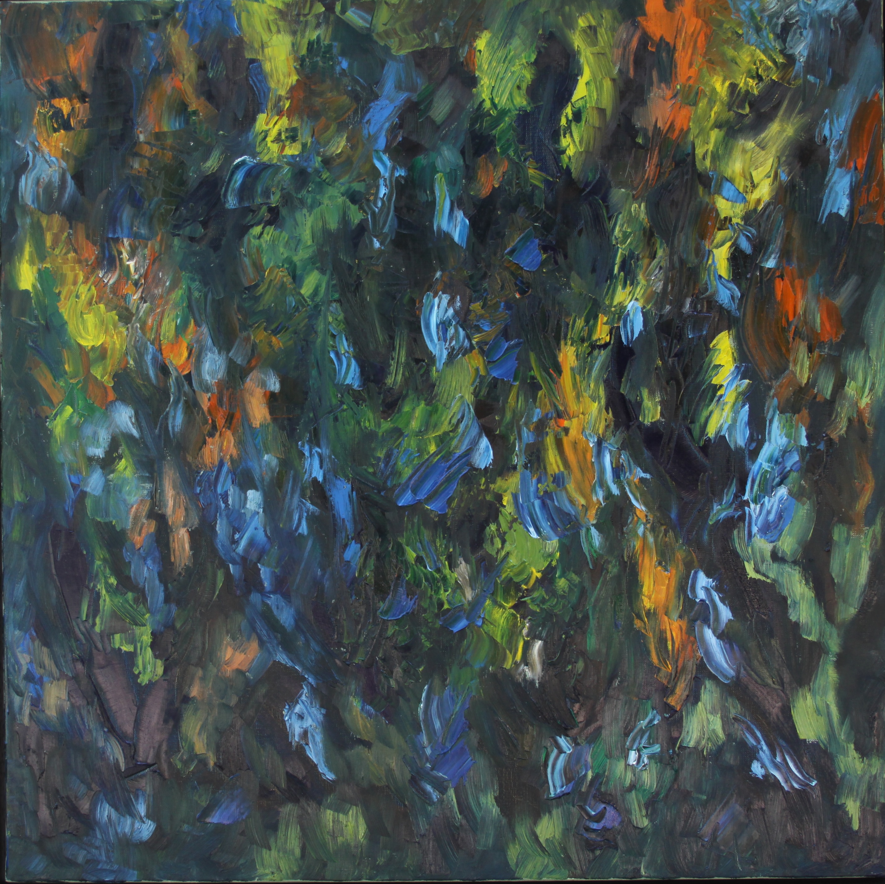 Abstract painting with blue, green, orange, and yellow.