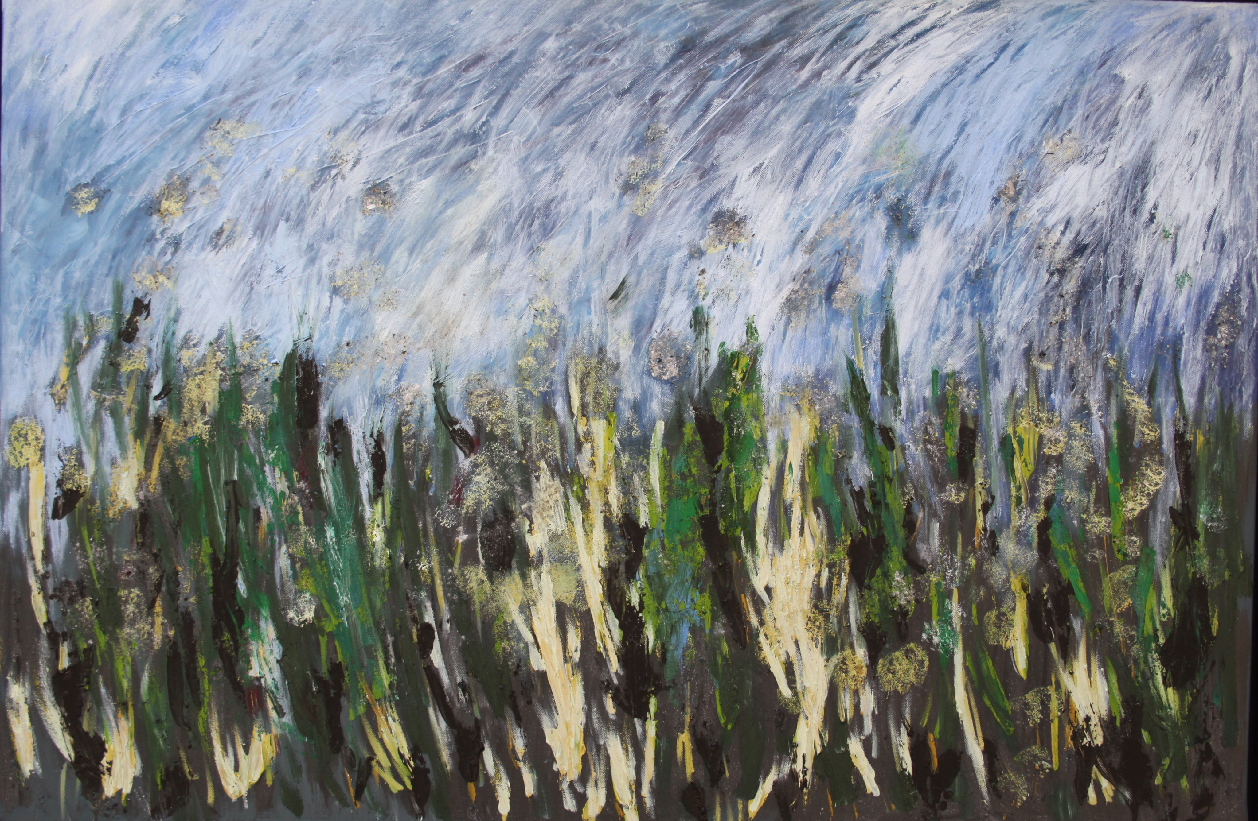 Abstract painting depicting tall grasses and incorporating sand.